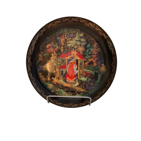 1988 Palekh Russian Fairy Tale Plate Kovalev Pushkin Gold Gilt Collectible Art - Picture 2 of 6